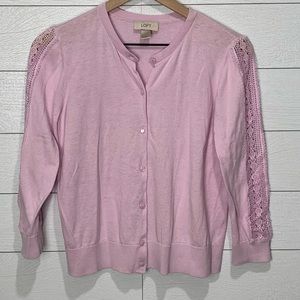 LOFT Lavender Lace trimmed Cardigan Size Medium